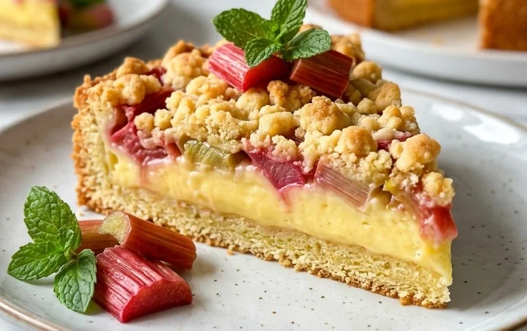 Rhabarberkuchen mit Pudding und Streuseln – wie von Oma