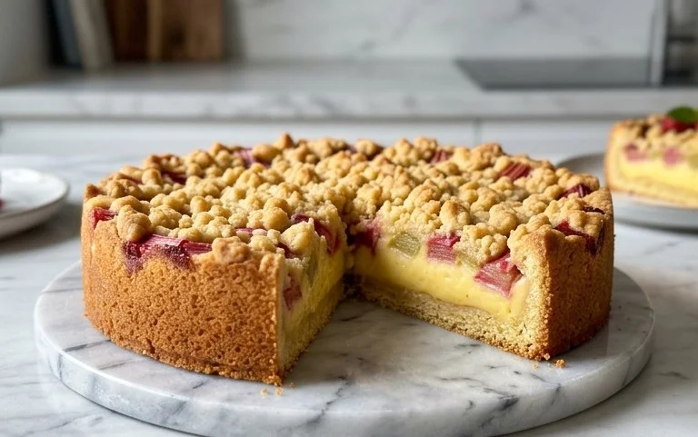 Omas Rhabarberkuchen mit Pudding & Streuseln